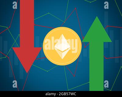 Ethereum auf mehrfarbigen Metriken und Diagrammen auf mehrfarbigen Hintergründen und der Weltkarte Stockfoto