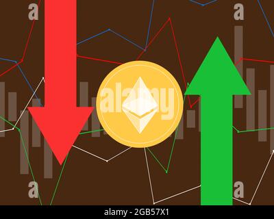 Ethereum auf mehrfarbigen Metriken und Diagrammen auf mehrfarbigen Hintergründen und der Weltkarte Stockfoto