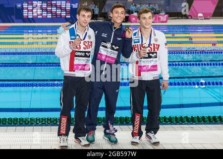 Taucher Victor Minibaev, Russland, britischer Taucher Tom Daley, Gold, russischer Taucher Nikita Shleikher, Platform, European Diving Championships, London Stockfoto