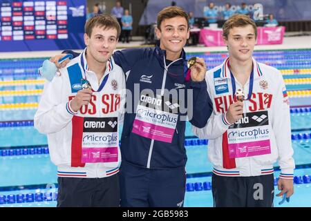 Taucher Victor Minibaev, Russland, britischer Taucher Tom Daley, Gold, russischer Taucher Nikita Shleikher, Platform, European Diving Championships, London Stockfoto