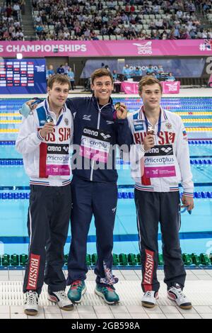 Taucher Victor Minibaev, Russland, britischer Taucher Tom Daley, Gold, russischer Taucher Nikita Shleikher, Platform, European Diving Championships, London Stockfoto