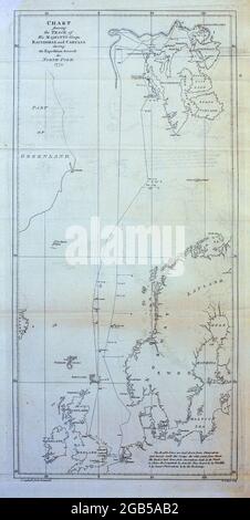 Karte des Expeditionskurses aus dem Buch „EINE Reise zum Nordpol: Durchgeführt vom Befehl seiner Majestät, 1773“ von Konstantin John Phipps, Baron Mulgrave, 1744-1792; Die Phipps-Expedition 1773 in Richtung Nordpol war eine britische Royal Navy-Expedition, bei der zwei Schiffe unter den Befehlen von Konstantin John Phipps als Kapitän der HMS Racehorse [ein 18-Kanonen-Schiffsschlaufe der Royal Navy.] und Skeffington Lutwidge als Kapitän der HMS Carcass [eine Bombe Schiff der Royal Navy], segelte im Sommer 1773 in Richtung Nordpol und blieb in der Nähe von Svalbard im Eis stecken. Ein junger Horat Stockfoto