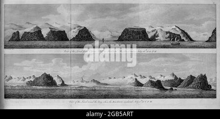 Landschaft der Polarregion aus dem Buch „EINE Reise zum Nordpol: Durchgeführt von der Führung seiner Majestät, 1773“ von Konstantin John Phipps, Baron Mulgrave, 1744-1792; Die Phipps-Expedition 1773 in Richtung Nordpol war eine britische Royal Navy-Expedition, bei der zwei Schiffe unter den Befehlen von Konstantin John Phipps als Kapitän der HMS Racehorse [ein 18-Kanonen-Schiffsschlaufe der Royal Navy.] und Skeffington Lutwidge als Kapitän der HMS Carcass [eine Bombe Schiff der Royal Navy], segelte im Sommer 1773 in Richtung Nordpol und blieb in der Nähe von Svalbard im Eis stecken. Ein Junge Stockfoto