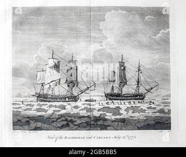 HMS Racehorse und HMS Carcass stecken im Eis aus dem Buch „EINE Reise zum Nordpol: Durchgeführt von Befehl seiner Majestät, 1773“ von Konstantin John Phipps, Baron Mulgrave, 1744-1792; Die Phipps-Expedition 1773 in Richtung Nordpol war eine britische Royal Navy-Expedition, bei der zwei Schiffe unter den Befehlen von Konstantin John Phipps als Kapitän der HMS Racehorse [ein 18-Kanonen-Schiffsschlaufe der Royal Navy.] und Skeffington Lutwidge als Kapitän der HMS Carcass [eine Bombe Schiff der Royal Navy], segelte im Sommer 1773 in Richtung Nordpol und blieb in der Nähe von Sval im Eis stecken Stockfoto