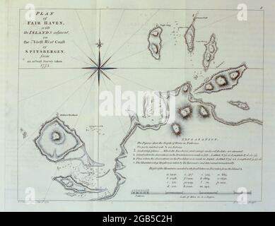 Expeditionskurskarten aus dem Buch „EINE Reise zum Nordpol: Durchgeführt vom Befehl seiner Majestät, 1773“ von Constantine John Phipps, Baron Mulgrave, 1744-1792; Die Phipps-Expedition 1773 in Richtung Nordpol war eine britische Royal Navy-Expedition, bei der zwei Schiffe unter den Befehlen von Konstantin John Phipps als Kapitän der HMS Racehorse [ein 18-Kanonen-Schiffsschlaufe der Royal Navy.] und Skeffington Lutwidge als Kapitän der HMS Carcass [eine Bombe Schiff der Royal Navy], segelte im Sommer 1773 in Richtung Nordpol und blieb in der Nähe von Svalbard im Eis stecken. Ein junger Hora Stockfoto