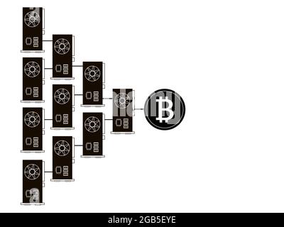 Bitcoin-Bergbaufarm, Konzept-Banner. Grafikkarten und große Bitcoin. Mining Crypto Currency. Design isoliert auf weißem Hintergrund. Neue Technologie für ma Stockfoto