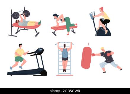 Cartoon flache gesunde Charaktere setzen dabei Sport-Workout im Fitnessstudio, Vektor-Illustration Stock Vektor