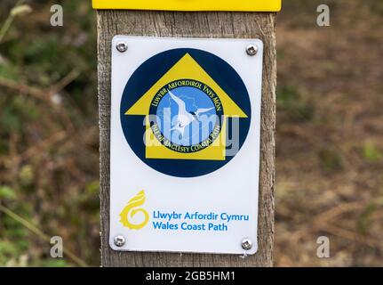 Schild Isle of Anglesey Coastal Path, Teil des Wales Coast Path, Anglesey, Wales, Großbritannien für Wanderurlaube. Stockfoto