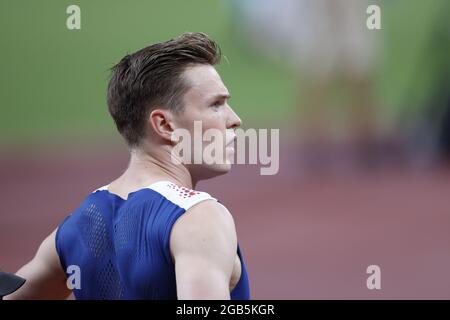 Tokio, Japan. August 2021. Karsten WARHOLM (NOR) während der Olympischen Spiele Tokio 2020, Halbfinale der 400-m-Hürden der Leichtathletik-Männer am 1. August 2021 im Olympiastadion in Tokio, Japan - Foto Yuya Nagase/Foto Kishimoto/DPPI Credit: Independent Photo Agency/Alamy Live News Stockfoto