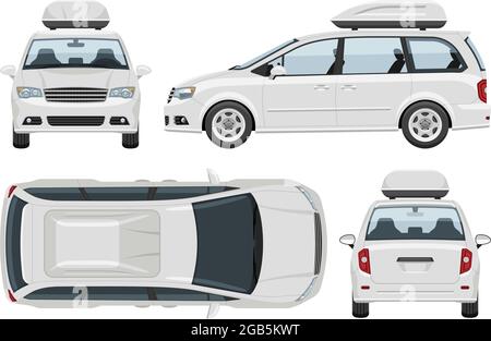 Weiße Minivan-Vektorvorlage mit einfachen Farben ohne Verläufe und Effekte. Ansicht von der Seite, vorne, hinten und oben Stock Vektor