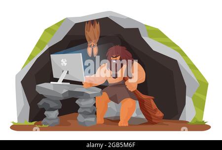 Alte Höhlenmensch mit Computer in prähistorischen Höhle Vektor Illustration. Cartoon Steinzeit wilden Mann Charakter sitzt mit pc und Holzknüppel in der Hand, neandertaler Menschen Evolution isoliert auf weiß Stock Vektor