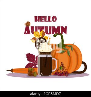 Herbst Vektor Stillleben. Herbstlicher Kaffee, Kürbis und Blätter für Cafés, Menüs, werbliche Danksagungstag Stock Vektor
