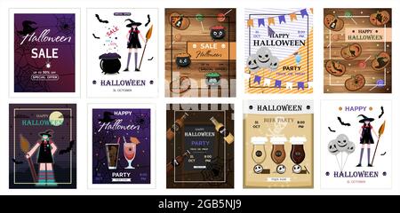 Großes Set Halloween Party Design Vorlage, mit Kürbis, Süßigkeiten, Spinnen, Hexen, Cookies, Ballons und Verkaufsinformationen. Flyer für Werbung Stock Vektor