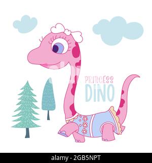 Rosa Prinzessin Dinosaurier tragen Kleid, niedliche Llustration für Kindergarten T-Shirt, Kinderkleidung, Einladung, Vektor-Illustration. Stock Vektor