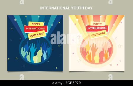 Illustration des Internationalen Jugendtags von bunten Händen. Stock Vektor