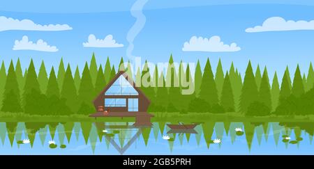 Moderne hölzerne Fischerhaus Hütte in wilden Wald Sommer Landschaft Vektor-Illustration. Cartoon Cabin Architektur am See, Pier und Fischerboot in ruhigem Wasser, Sommer Pinien Hintergrund Stock Vektor