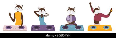 Tierisch verrückt dj-Set, Black Fox-Charaktere auf Musik Spaß Party Diskothek Vektor Illustration. Cartoon lustige dj Fuchs steht am Plattenteller, spielen Mischung elektronische Disco in Nachtclub isoliert Stock Vektor