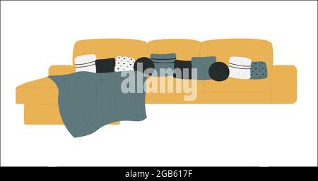 Moderne Sofa Couch Divan, Möbel Inneneinrichtung von Wohnung Vektor-Illustration. Cartoon gelbes Sofa mit Decke und Kissen, Möbel Dekoration des Wohnzimmers isoliert auf weiß Stock Vektor