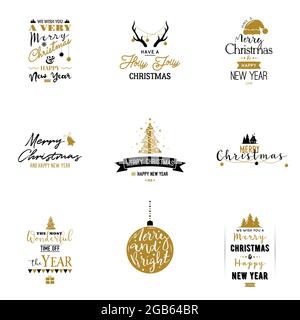 Set mit „Frohe Weihnachten“- und „Happy New Year“-Karte. Typografie-Design für Weihnachten und Neujahr. Vektorgrafik. Stock Vektor