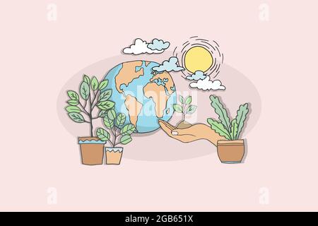 Eco Cartoon Planet Erde Hand kümmert Pflanze sprießen. Umweltsicherheit nachhaltige Technologie erneuerbare Energie. Naturschutz-Problempapier drawin Stock Vektor