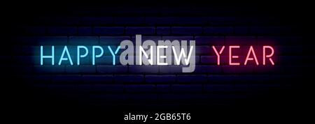 Frohes neues Jahr Neon-Schild. Langes horizontales Lichtbanner. Vektor Bright Schild. Stock Vektor