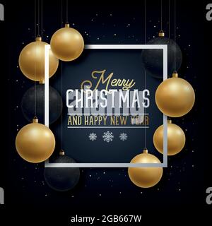 Grußkarte zu Weihnachten und Neujahr. Realistische goldene und schwarze Kugeln. Vektorgrafik. Stock Vektor