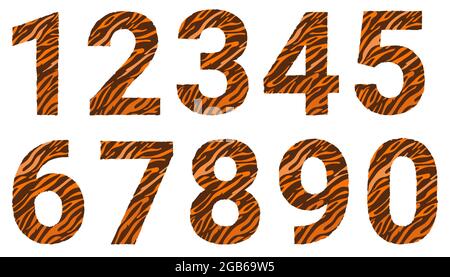Eine Reihe von Zahlen mit einem Tiger-Muster. Dekorative Streifenzahlen von 0 bis 9. Vektorgrafik. Isolierte Elemente für Design und Dekoration Stock Vektor