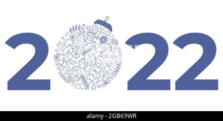 2022. Weihnachtsball und Datum. Neujahr dunkelblaue Kugel aus linearen Neujahrszeichnungen - Geschenke, Baum, Spielzeug, Süßigkeiten, Schnee. Vektorgrafik für Desi Stock Vektor