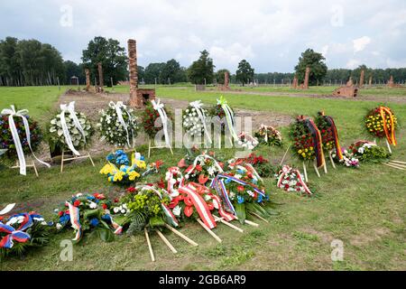 Brzezinka, Polen. August 2021. Kranz und Blumen liegen auf dem Gras des ehemaligen Lagers Auschwitz II Birkenau.Tag des Gedenkens an den Völkermord von Roma und Sinti. Vor 77 Jahren, in der Nacht vom 2. Auf den 3. August 1944, liquidierten die Deutschen das Zigeunerfamilienlager im KL Auschwitz II Birkenau. Der Jahrestag wurde im ehemaligen Lager Auschwitz II-Birkenau organisiert. Kredit: SOPA Images Limited/Alamy Live Nachrichten Stockfoto