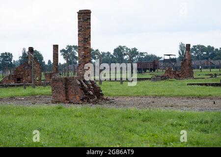 Brzezinka, Polen. August 2021. Barackenschutt im ehemaligen Lager Auschwitz II Birkenau.Tag des Gedenkens an den Völkermord an Roma und Sinti. Vor 77 Jahren, in der Nacht vom 2. Auf den 3. August 1944, liquidierten die Deutschen das Zigeunerfamilienlager im KL Auschwitz II Birkenau. Der Jahrestag wurde im ehemaligen Lager Auschwitz II-Birkenau organisiert. Kredit: SOPA Images Limited/Alamy Live Nachrichten Stockfoto