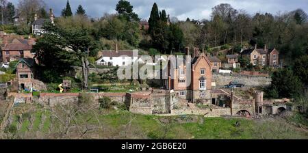 Luftaufnahme der alten Grundstücke in der Ironbridge Gorge, Shropshire, Großbritannien, Großbritannien Stockfoto