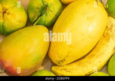 Früchte auf dem Tisch, Mango, Banane, Papaya, Mandarine und Zitrone. Früchte mit vorherrschenden Gelbtönen. Stockfoto