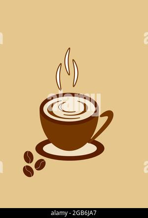 Vektordarstellung einer heißen Tasse Kaffee mit Kaffeebohnen auf einem beigen Hintergrund. Stock Vektor