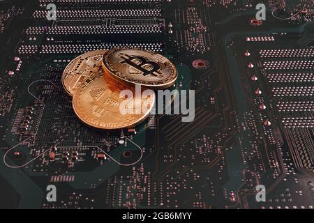 bitcoin Gold auf einem grünen Chip Stockfoto
