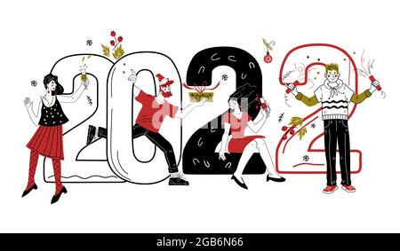 2022 Neujahrsfiguren und eine Gruppe von glücklichen Menschen, Freunde oder Kollegen feiern Weihnachtsfeier. Weihnachten Party Banner Hintergrund, Cartoon Doodle Stil Stock Vektor