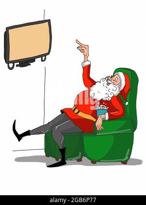 Lustiger Weihnachtsmann, Figuren, die Fernsehen, rosa Hintergrund Illustration. Stockfoto