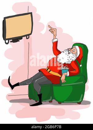 Lustiger Weihnachtsmann, Figuren, die Fernsehen, rosa Hintergrund Illustration. Stockfoto