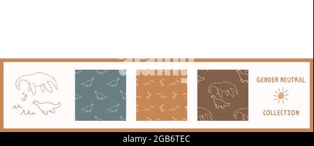 Nahtloser Hintergrund plesiosaurus Dinosaurier Satz von 3 Mustern mit Motiv. Skurrile minimal erdig 2 Ton Farbe. Kinder Kinderzimmer Tapete oder Boho Cartoon Stock Vektor