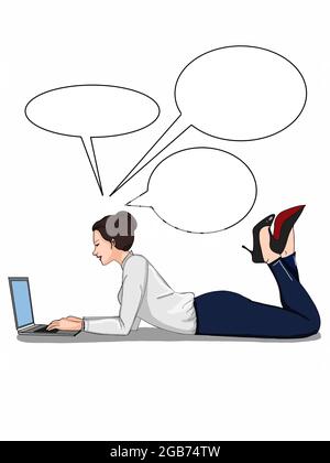 Geschäftsfrau mit Laptop, Sprechblasen Stockfoto