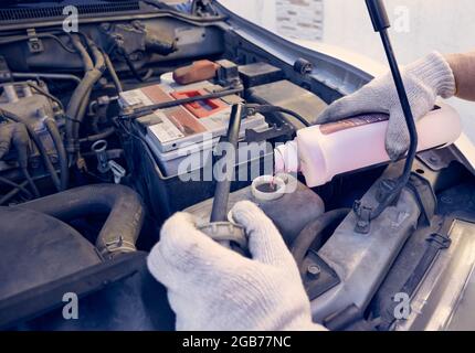 Nachfüllung des Kühlsystems des Fahrzeugs mit Frostschutzmittel. Nahaufnahme, Tageslicht, Vollformat. Stockfoto