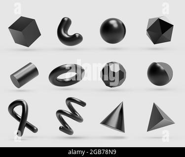 Realistisches 3D-Schwarz-Metall Geometrische Formen Objekte. Realistische Geometrieelemente isoliert auf weißem Hintergrund mit metallischem Farbverlauf. Stock Vektor
