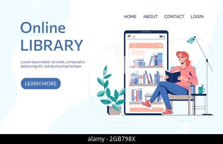 Online-Bibliothek, E-Book-Leading-Landing-Page oder Web-Page-Vorlage. Vektorgrafik virtuelle Bibliothek auf einer mobilen App. Website zum Lesen und Herunterladen von Büchern, Hörbüchern. Flacher Style. Stock Vektor
