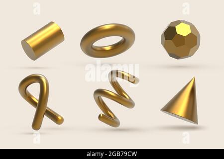 Realistische 3D Golden Geometric formt Objekte. Realistische Geometrieelemente isoliert auf weißem Hintergrund mit metallischem Farbverlauf Stock Vektor
