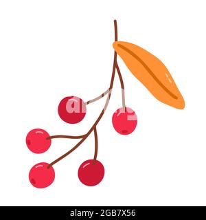 Zweig mit Preiselbeeren und goldenen Blättern isoliert auf weißem Hintergrund. Vektor handgezeichnete Illustration in Cartoon-Flat-Stil. Perfekt für Ihr Projekt, Karten, Logo, Dekorationen. Stock Vektor