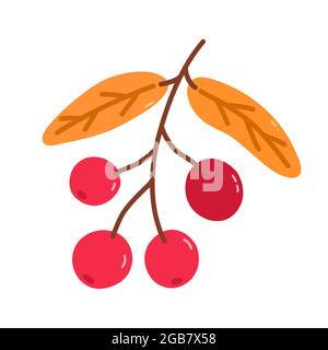 Zweig mit Preiselbeeren und goldenen Blättern isoliert auf weißem Hintergrund. Vektor handgezeichnete Illustration in Cartoon-Flat-Stil. Perfekt für Ihr Projekt, Karten, Logo, Dekorationen. Stock Vektor