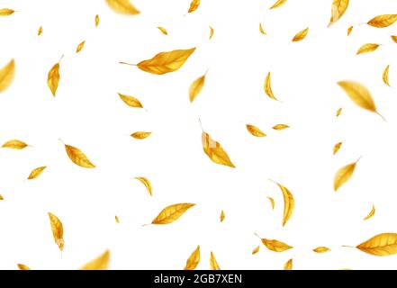 Fallender fliegender Herbst hinterlässt den Hintergrund. Realistisches gelbes Herbstblatt isoliert auf weißem Hintergrund. Verkaufshintergrund im Herbst. Vektorgrafik Stock Vektor