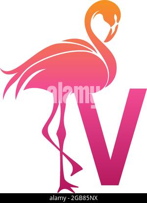 Flamingo Vogel-Symbol mit Buchstabe V Logo Design Vektor-Vorlage Stock Vektor