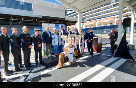 Mariner Moose bei der Presseveranstaltung für Holland America Line Kreuzfahrten von Seattle nach Alaska. Stockfoto