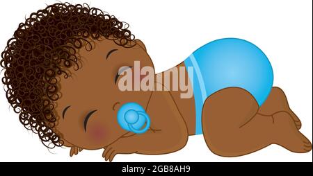 African American Baby Boy Trägt Blaue Windel Schlafen. Vector Black Baby Boy mit Schnuller Stock Vektor