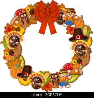 Thanksgiving-Kranz mit Lebkuchen und roter Schleife Stock Vektor